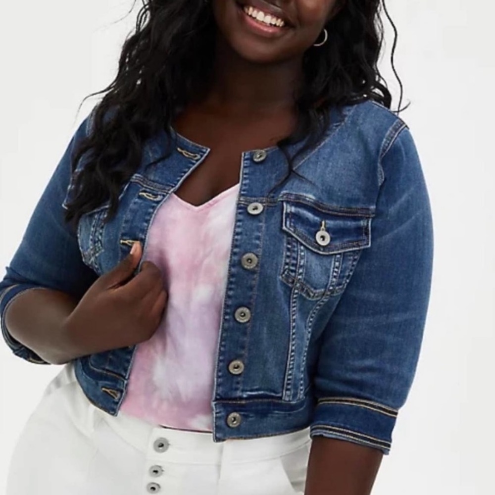Torrid Cropped Collarless Medium Wash Denim Jacket